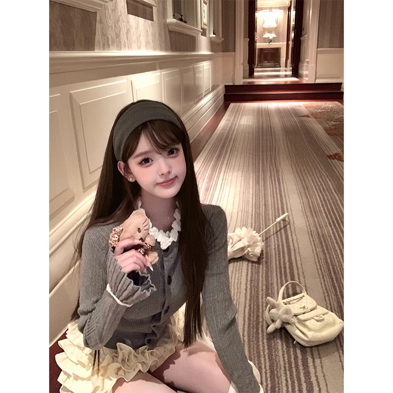 千金名媛风女秋冬季减龄灰色针织开衫上衣漂亮百褶半身裙蛋糕裙