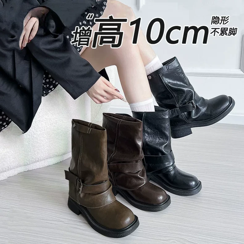 10cm皮带扣真皮中筒骑士靴女2025新款厚底内增高堆堆西部牛仔靴