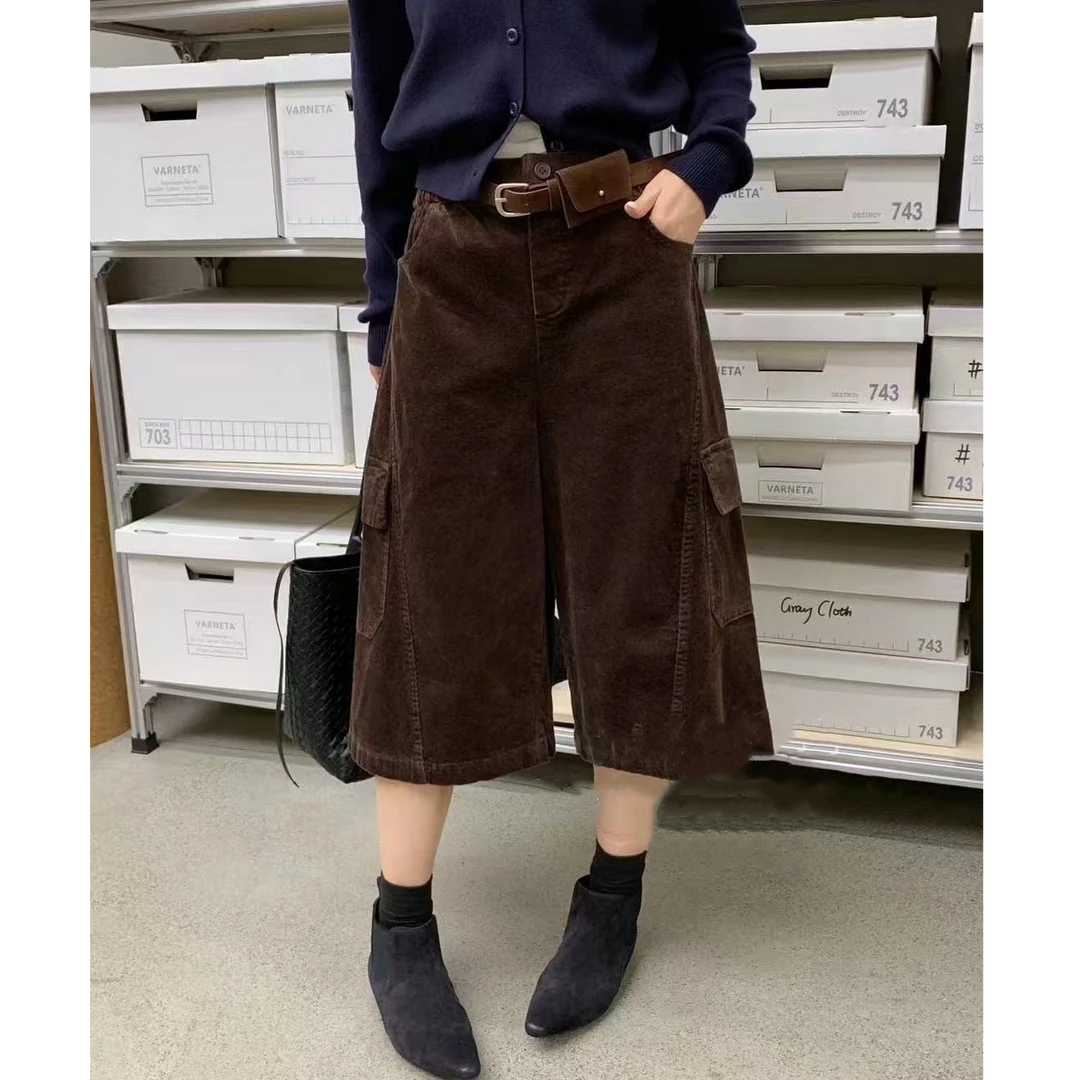 灯芯绒女款小个子口袋工装裤宽松显瘦直筒阔腿裤慵懒休闲七八分裤