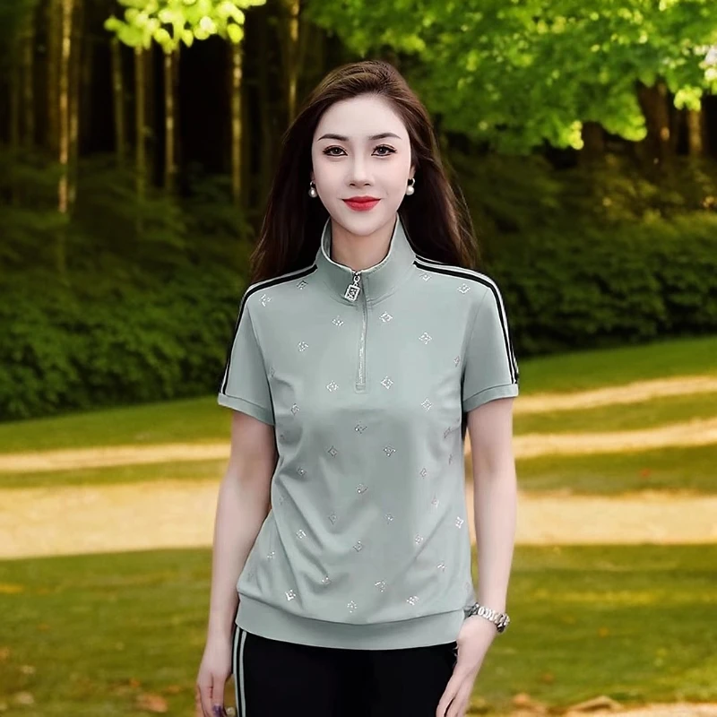 2519款春夏休闲年轻妈妈运动服套装新款洋气气质半开领套装2518款