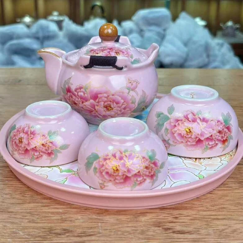 粉汝牡丹快客杯带圆茶盘mc083