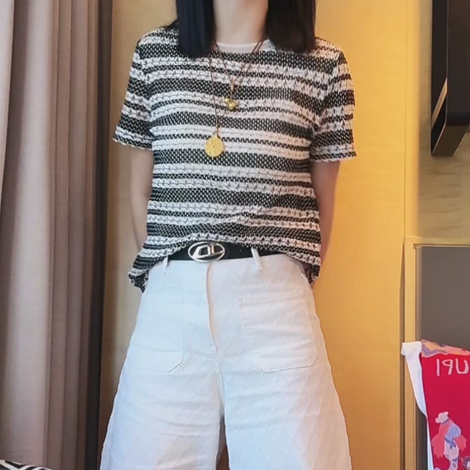 欧若风钩花镂空黑白条纹短袖T恤女2025春夏季新款设计感圆领上衣