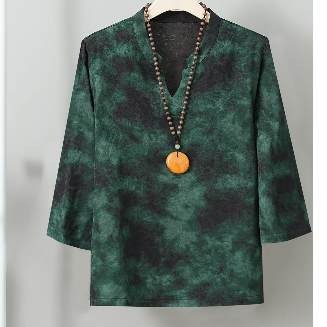 yifucai/伊芙彩2025春夏新款香云纱绿色时尚双面穿上衣外套小衫女