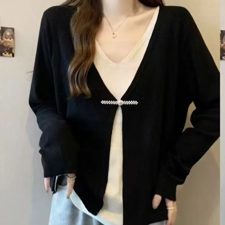 7030-C-大码坑条弹力面料百搭气质大码显瘦气质假两件衫