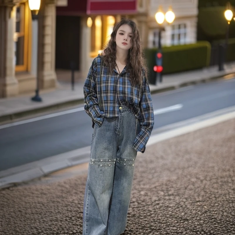 珊姐家甄选韩系复古格子连帽衬衫女长袖宽松休闲百搭短款上衣