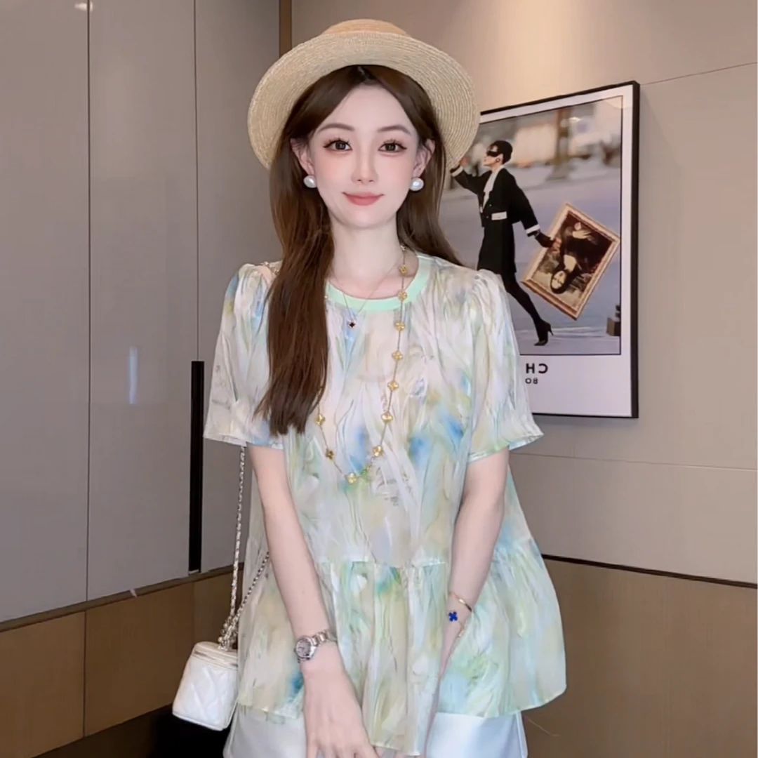 【丝芙玉禄】（F936）100%真丝双绉创意印花气质宽松桑蚕丝t恤上衣