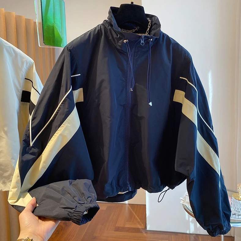 2840秋季休闲外套女时尚运动宽松显瘦冲锋衣拼接韩版拼色夹克上衣