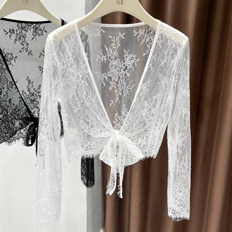 镂空网纱长袖防晒开衫女款配裙子外搭独特漂亮花边v领蕾丝小上衣