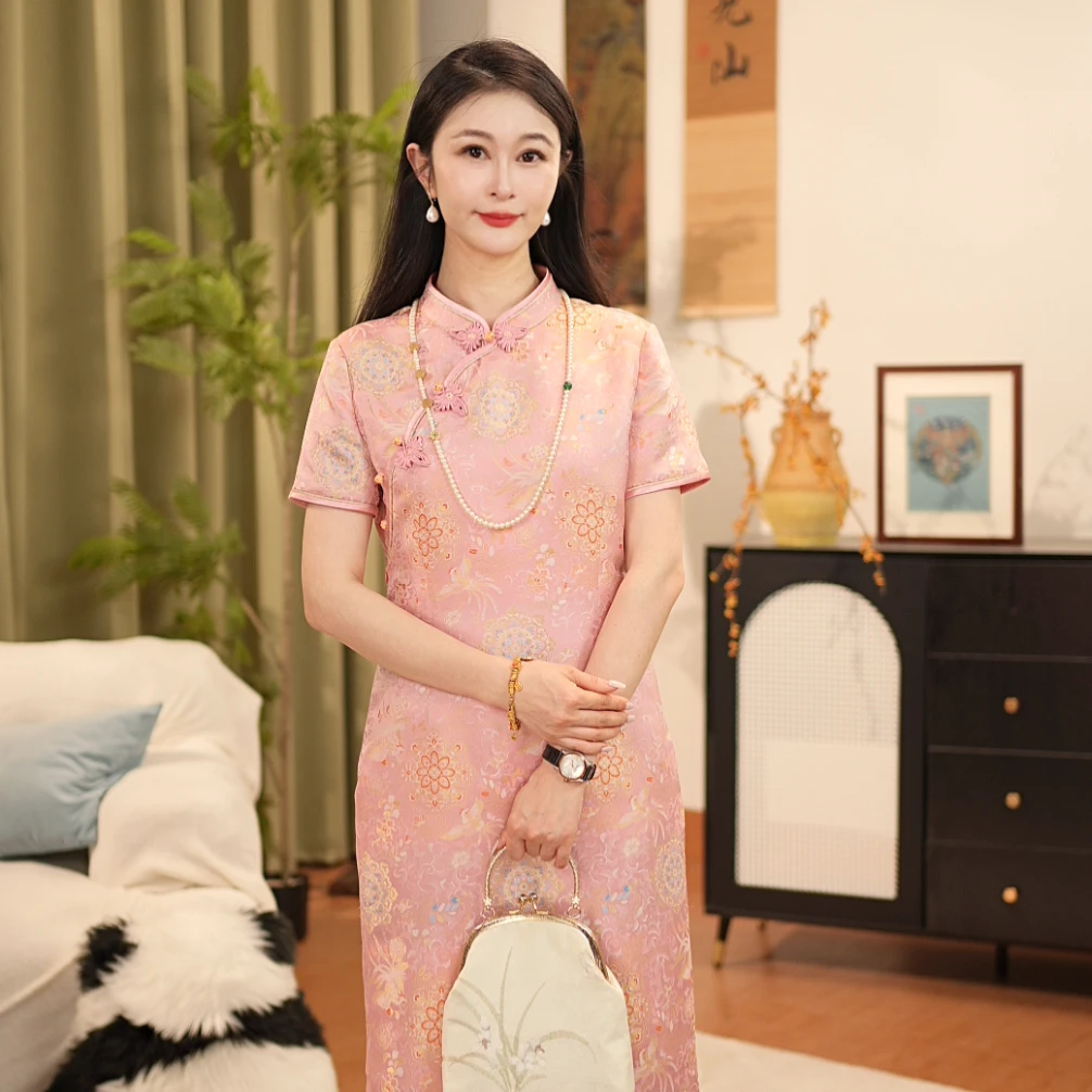 【贺贺·凤凰宝相花】新中式桑蚕丝新中式立领宋锦旗袍夏季J6017