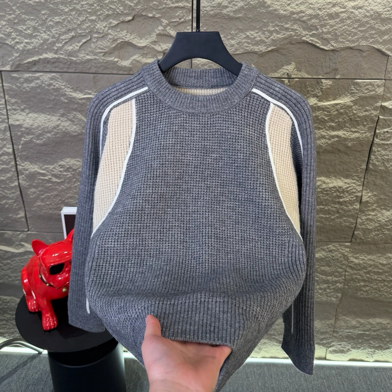 高档冬季拼色百搭针织衫男士时尚宽松加厚毛衣潮裤休闲圆领上衣服