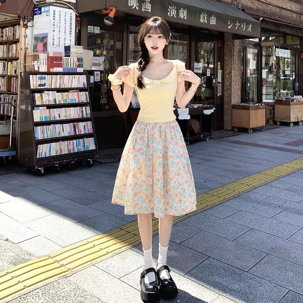 娃娃领蝴蝶结少女感日系风短款T恤女夏季百搭碎花半身裙子两件套