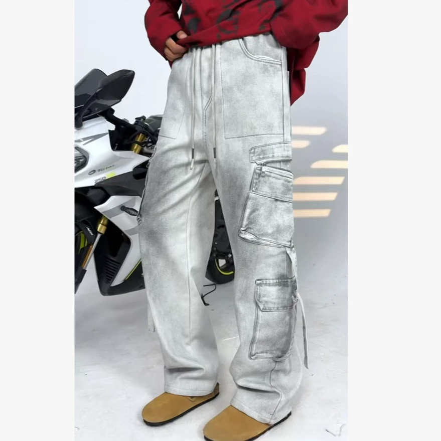 大码情侣多口袋薄绒牛仔裤男女宽松直筒阔腿裤百搭欧美风长裤8371