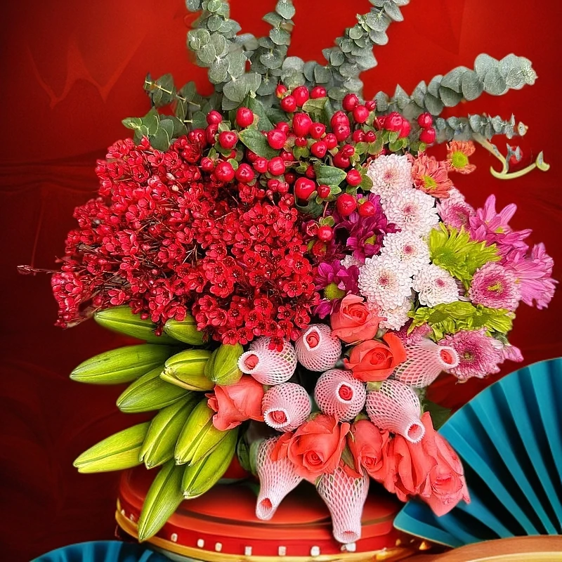 【年宵花】玫瑰1扎+百合1扎+红色腊梅1扎+小雏菊+红豆1扎+配草1扎