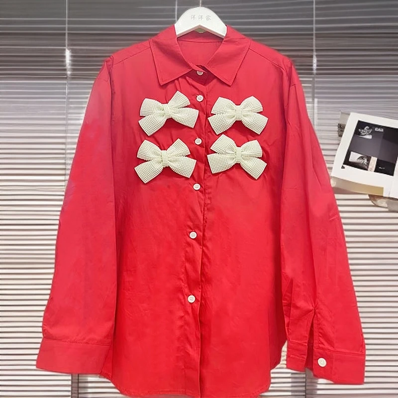 春季新款蝴蝶结钉珠POLO领长袖衬衫女设计感小众宽松百搭休闲衬衣