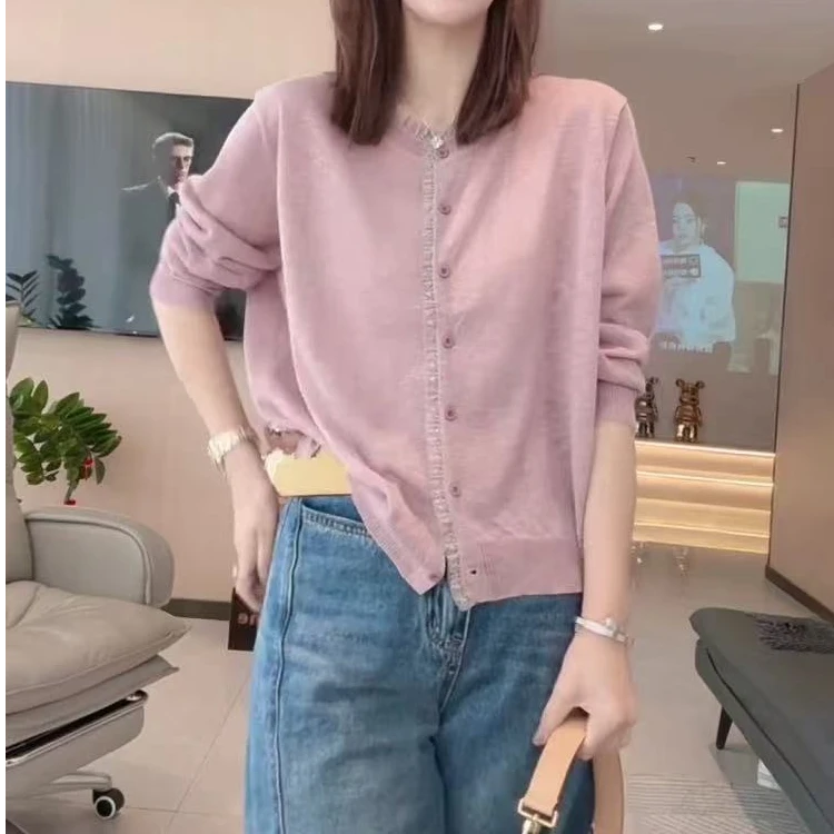 【专属】有运费补贴~韩系蕾丝边皮粉色针织防晒衣