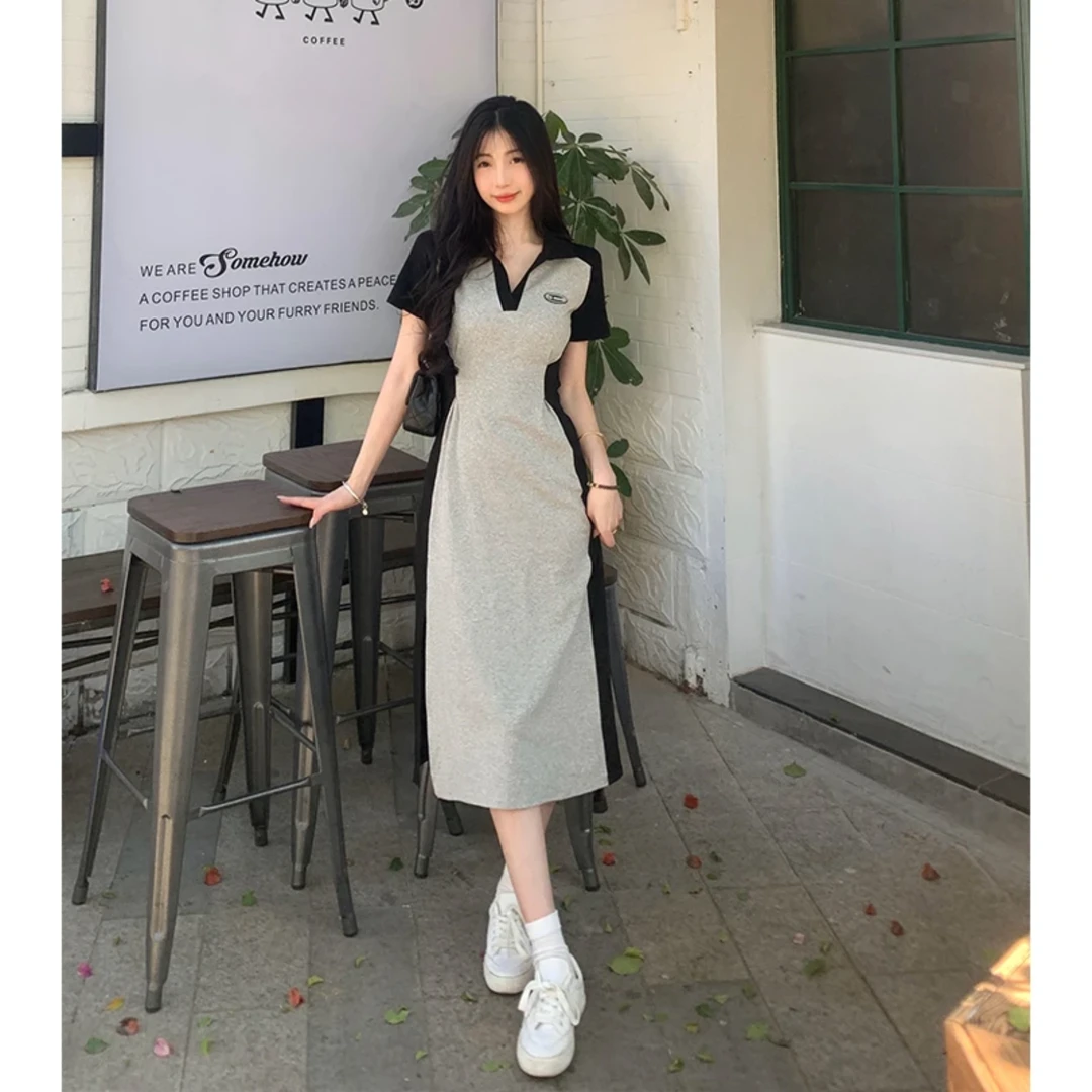 《修容大师》大码女装polo领垫肩灰色大码连衣夏季新款休闲显瘦裙