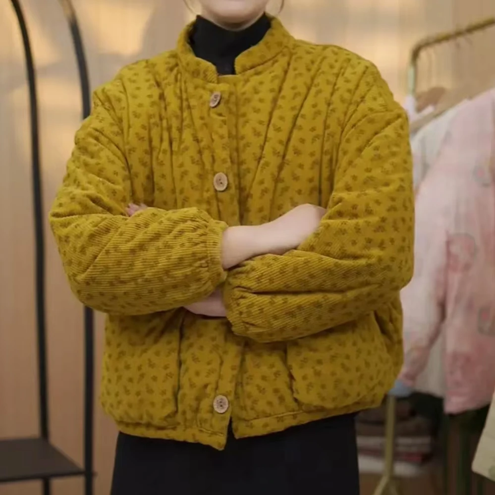 冬季加绒加厚小碎花立领棉服复古时尚保暖气质显瘦外套BD15968528