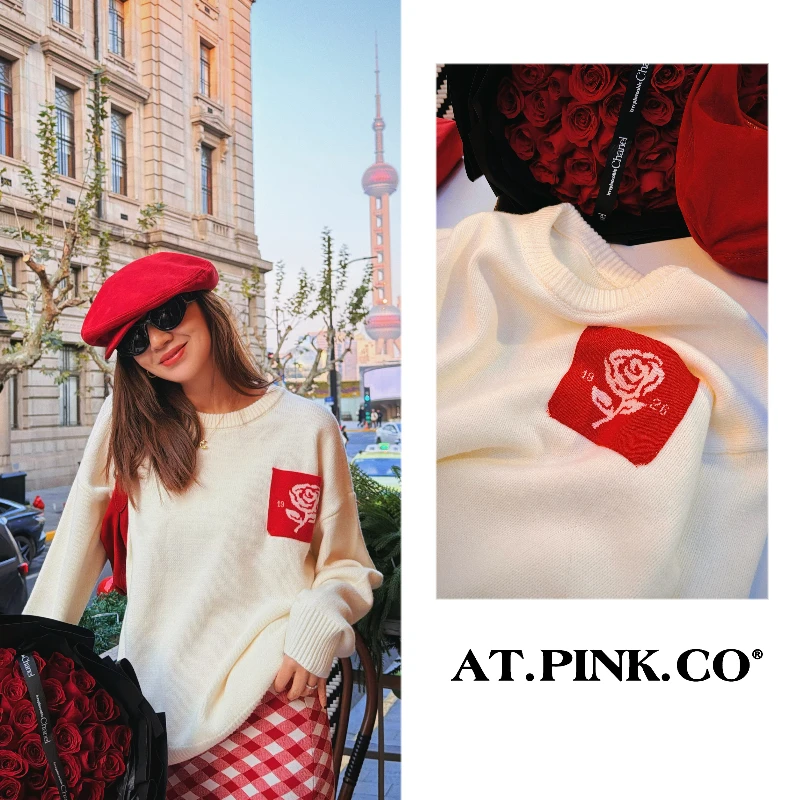 【三三品牌】【元旦新品】复古玫瑰花新年毛衣套头针织外套加厚 FY356