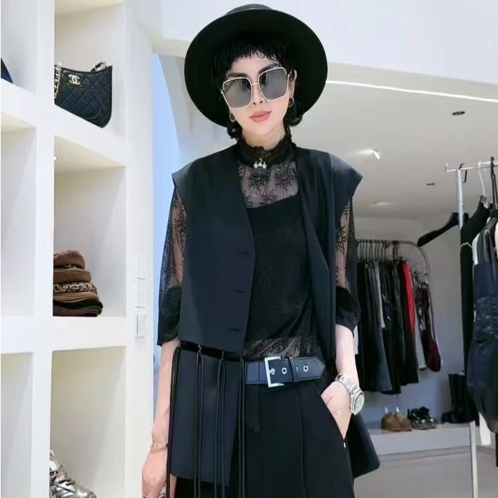 通勤风系带上衣百搭法式马夹黑色圆领厚款赫本风无袖