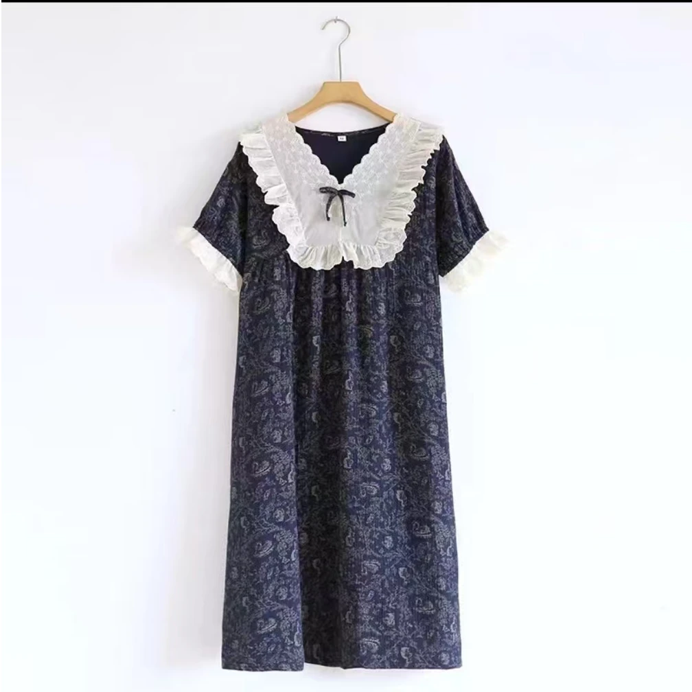 睡衣睡裙春秋季纯棉双层棉纱全棉薄款家居服花边裙