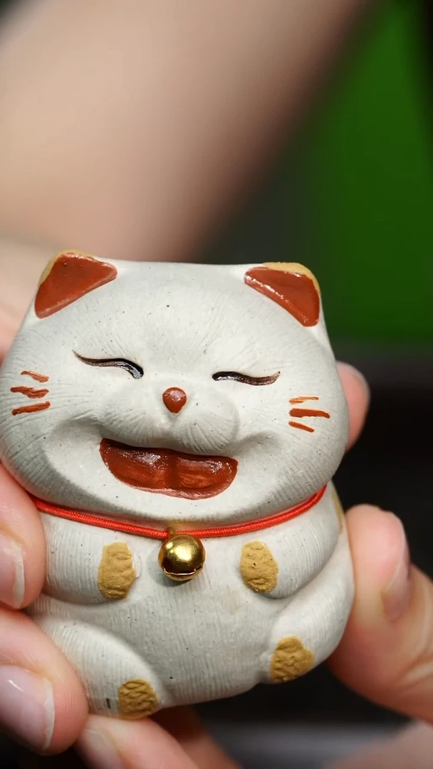 紫砂茶宠摆件白段招财铃铛猫猫