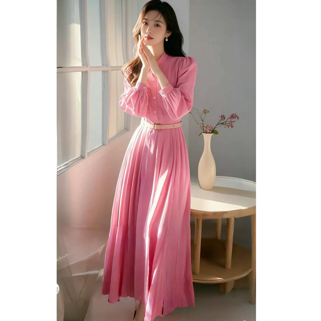 粉色衬衫连衣裙女早秋新款法式高腰显瘦设计感百褶轻熟风气质长裙