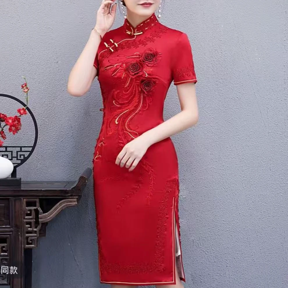 0661 红色 立体花 【凤尾】 中长款 旗袍