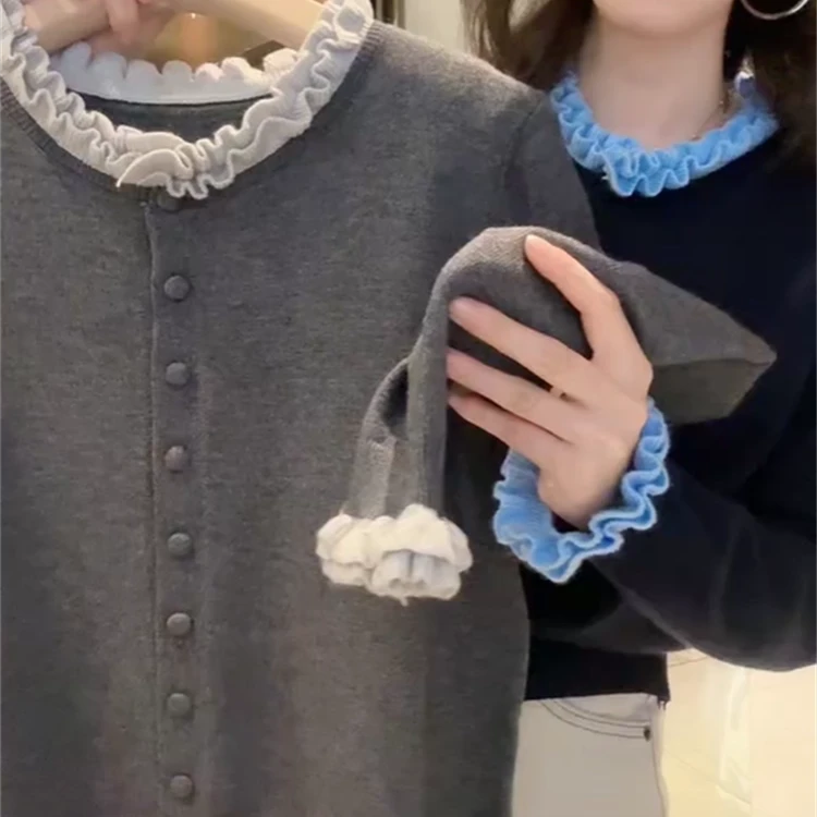 2025早秋新款时尚百搭洋气拼色木耳边圆领针织开衫女显瘦长袖上衣