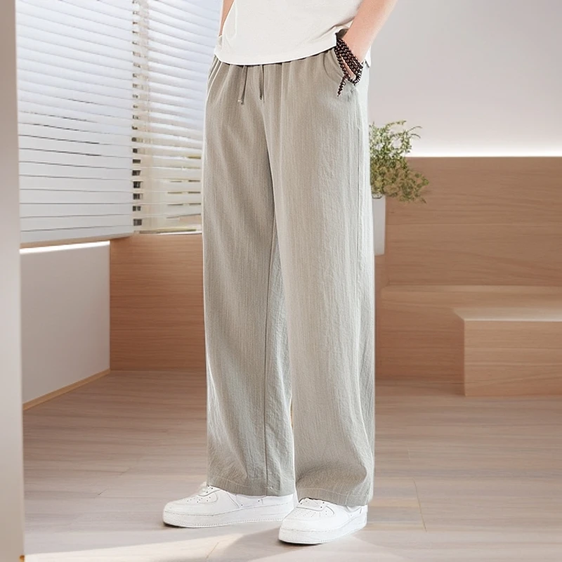 亚麻裤子男夏季薄款运动裤冰丝裤九分裤潮牌直筒休闲长裤男生