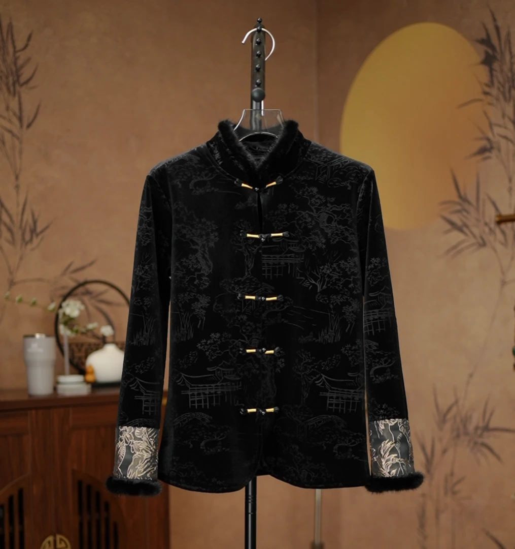 加绒加厚2025冬季新款新中式国风气质款提花立领大码上衣复古
