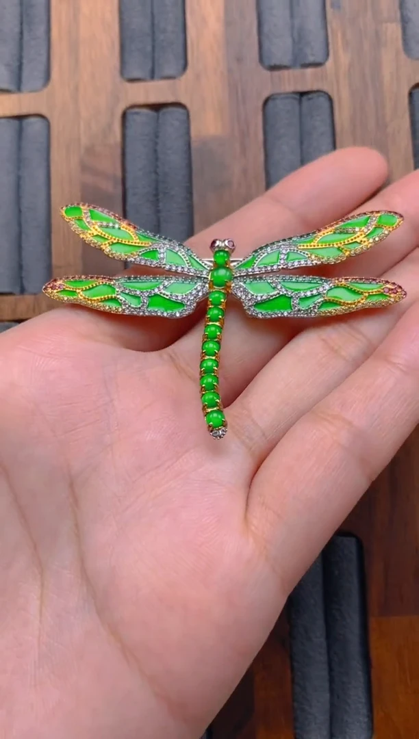 吊坠(不含链)银S925镶嵌翡翠蜻蜓胸针
