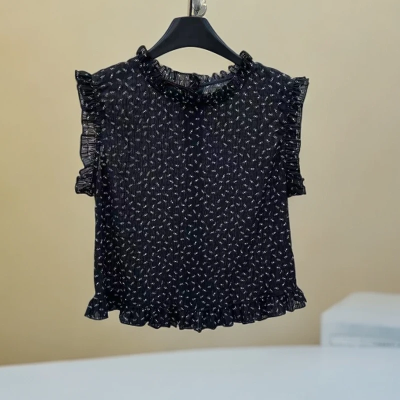 夏季新款黑色圆领木耳边短袖小众设计感女士上衣百搭2568时尚