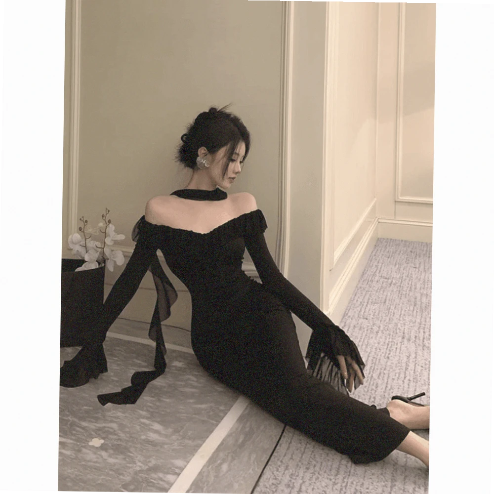 莲叶新款法式风黑色一字肩连衣裙女春秋高级性感包臀长裙礼服