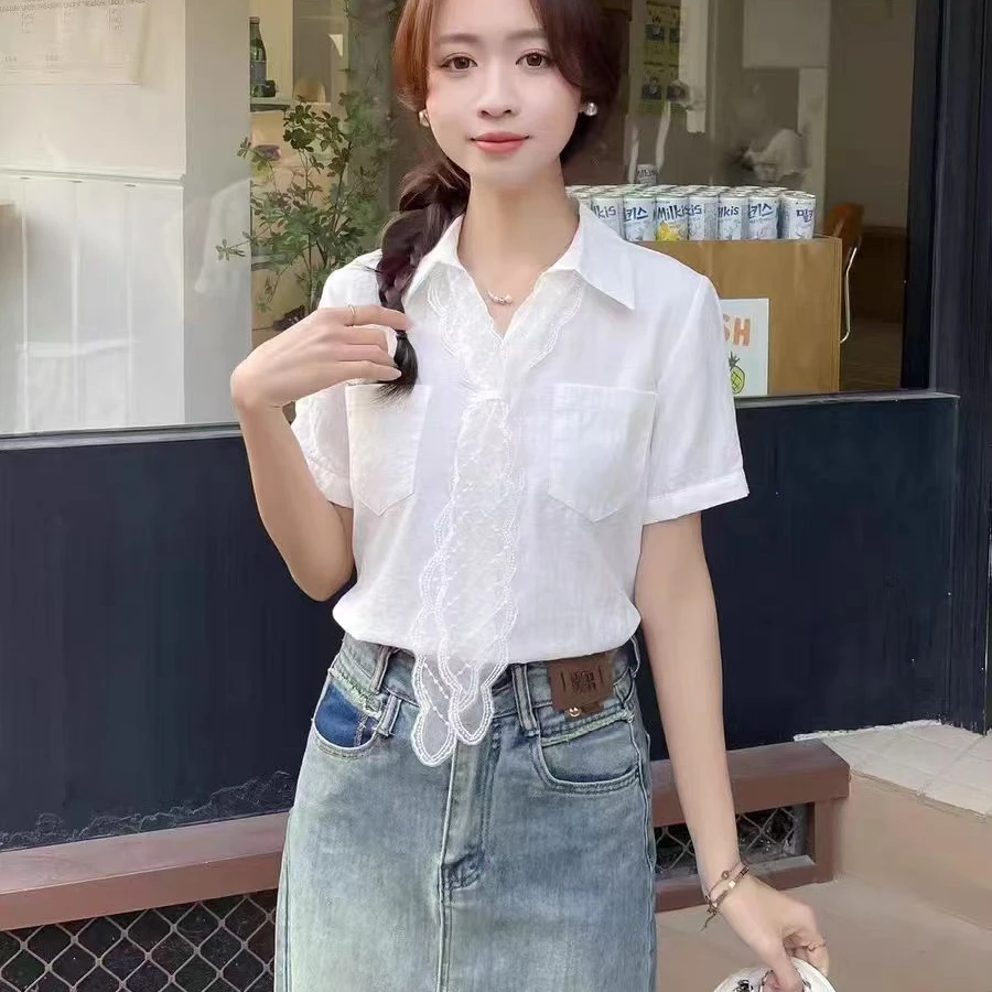 8575【衣长57】休闲风短袖常规纯色衬衫蕾丝夏季衬衣百搭新中式