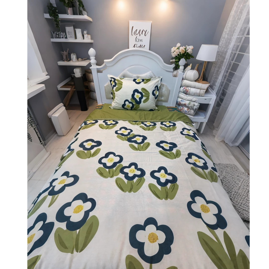 新款绿色系床单三件套印花小清新棉面料加厚单人