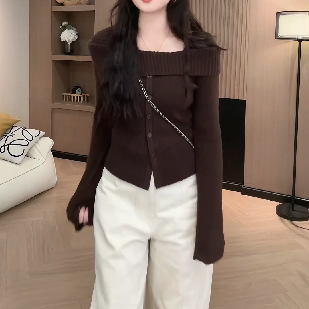 【温斯顿艺术生】法式温柔秋冬高级感显瘦一字肩针织毛衣LK2507909