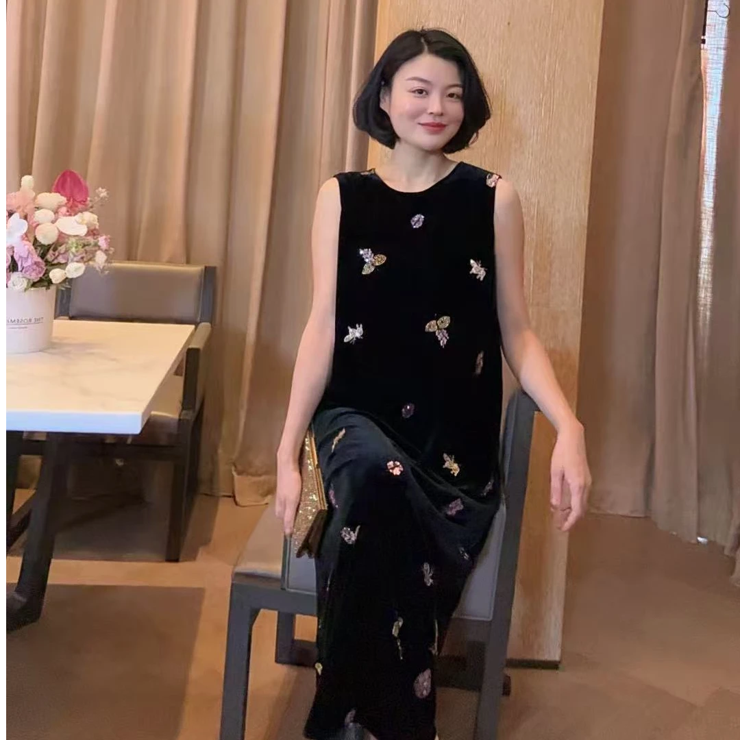 TANTAN  XD 真丝丝绒 气质昆虫印花无袖连衣裙2196