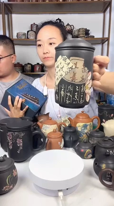 建水紫陶全手工制作阴刻阳填办公杯（带茶漏）