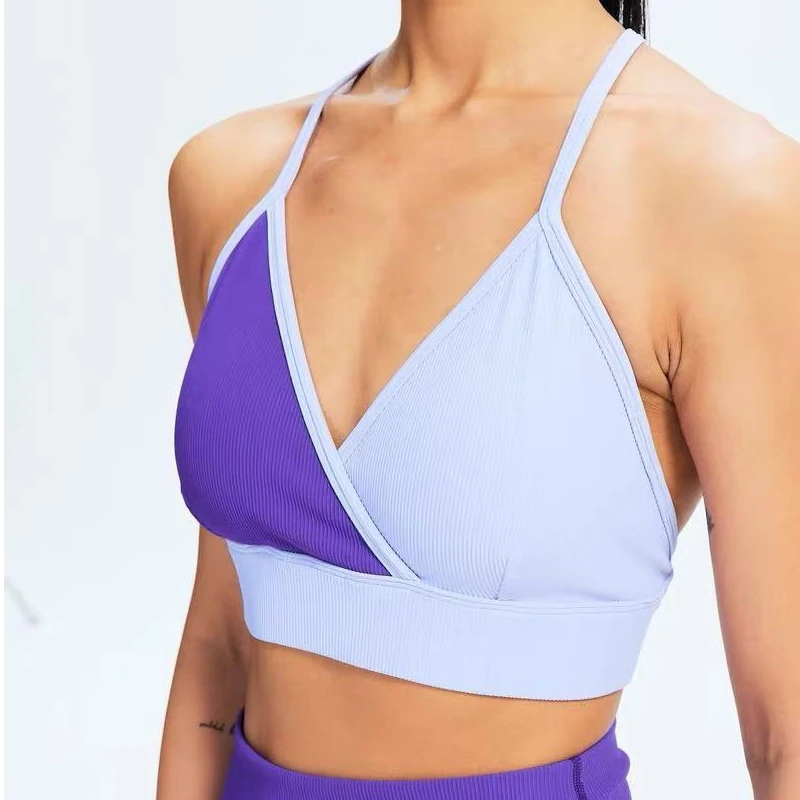 撞色性感运动拼色深V健身欧美瑜伽吊带美背