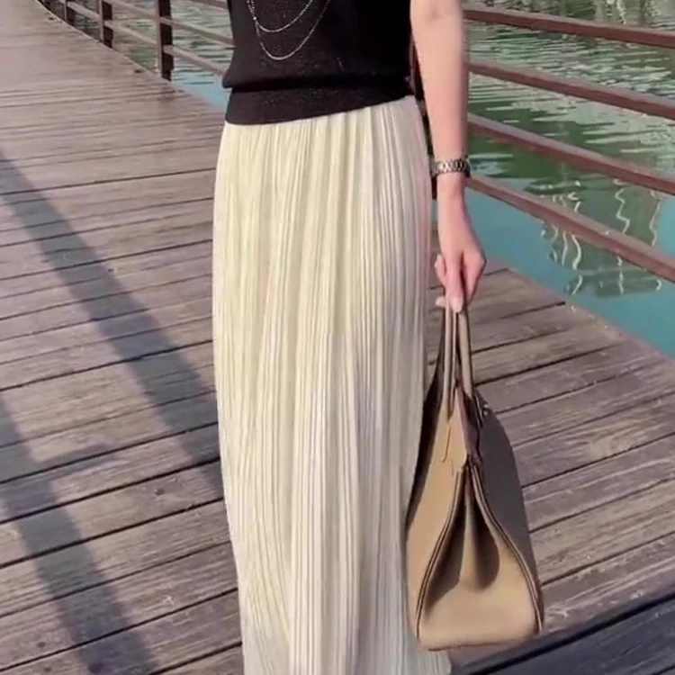 米白色半身裙女2025夏季新款韩系简约纯色气质高级感修身百褶裙