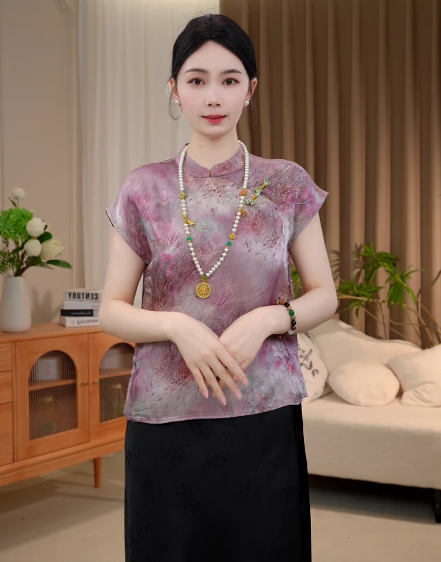 【秋映荷】新中式提花国风时尚休闲透气短袖上衣-2025B5569-七月