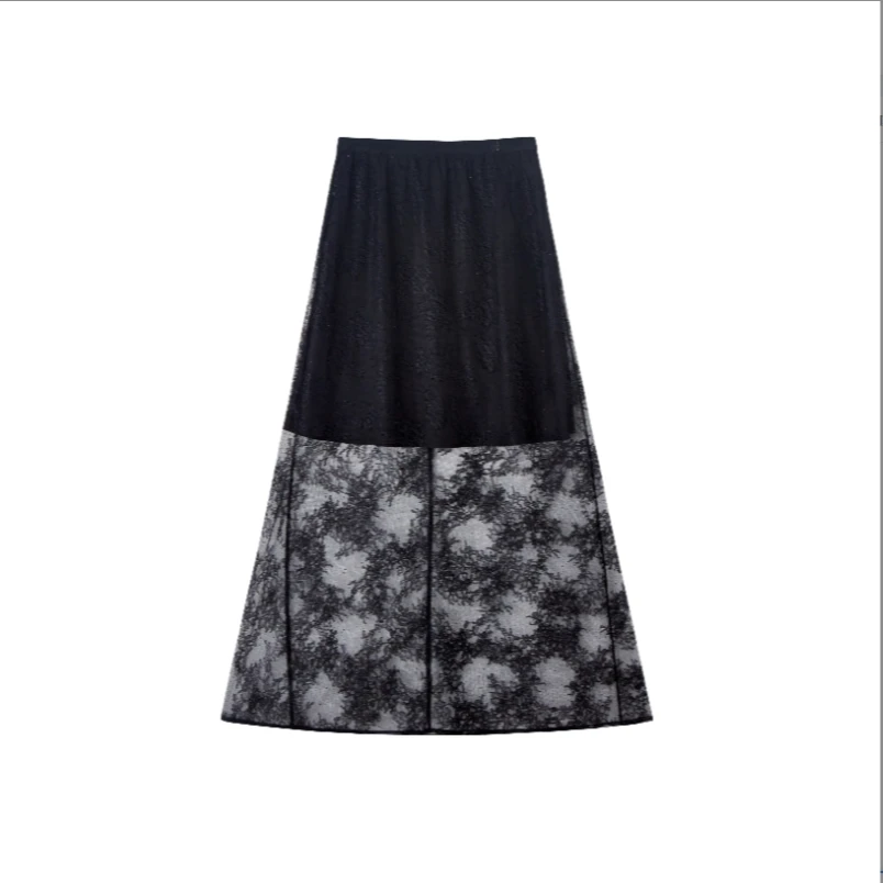 U/TI 25年新款松紧腰拼接设计睫毛蕾丝重工百搭半身裙