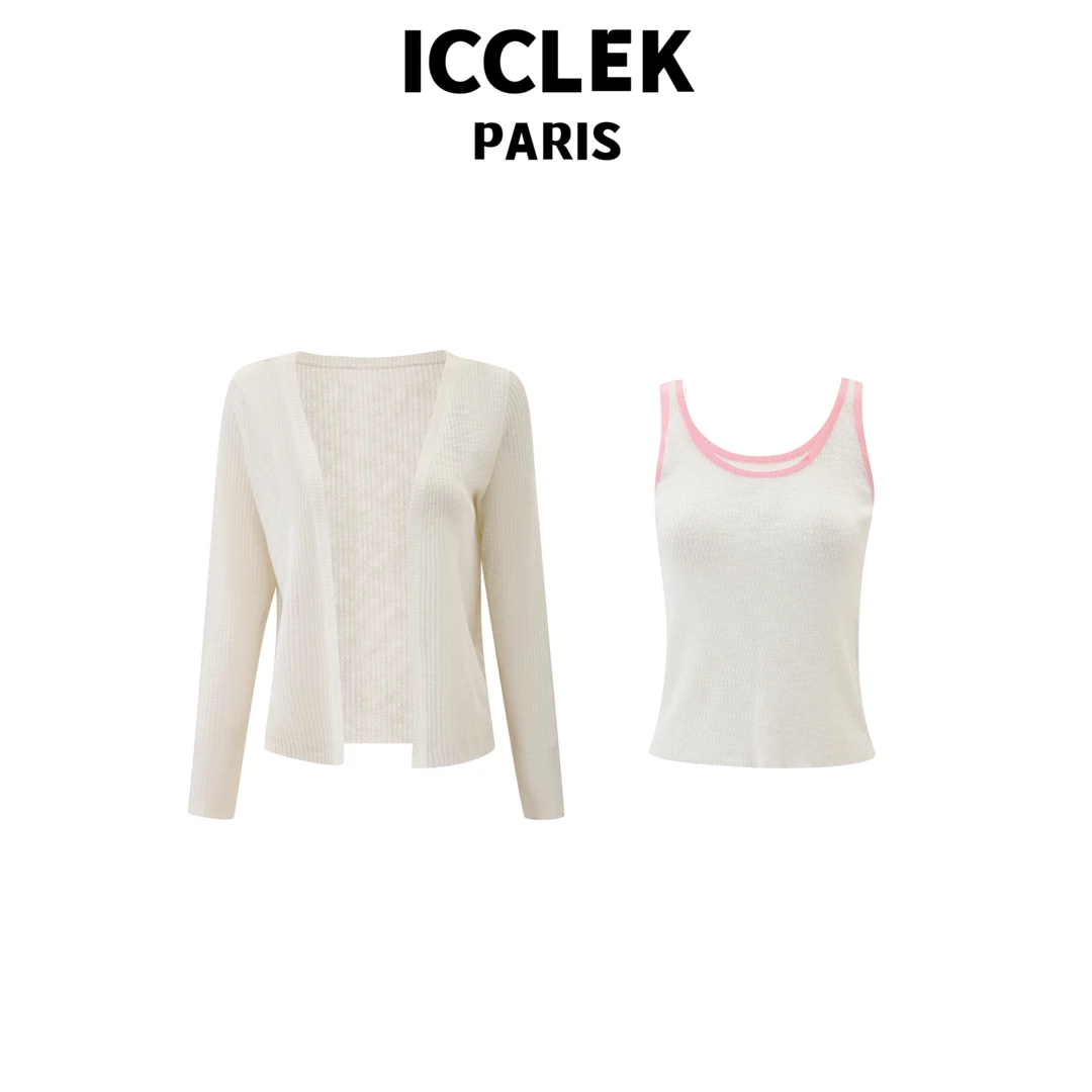 ICCLEK 白色长袖薄款针织衫两件套百搭通勤慵懒时尚休闲上衣-7085