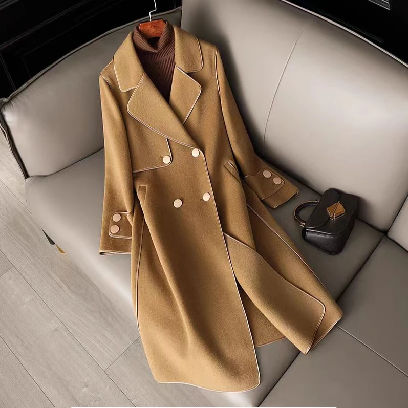X春季韩版显瘦款双面大衣女士2025新款双排扣呢子外套-2010