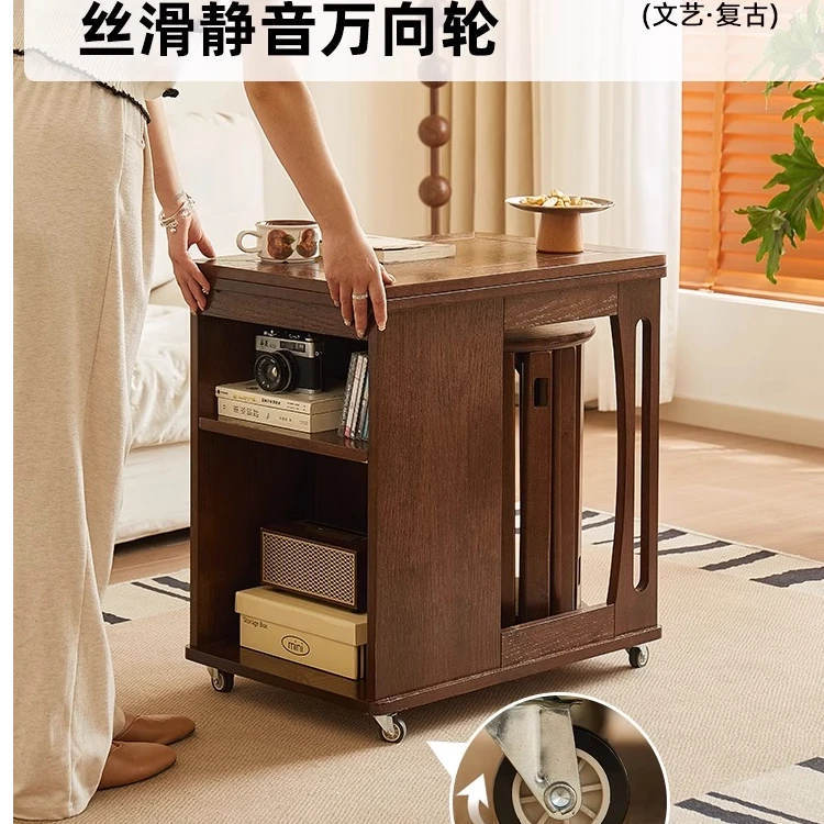 有清实木可折叠茶几客厅沙发边柜复古中古风小推车桌子可移动边几