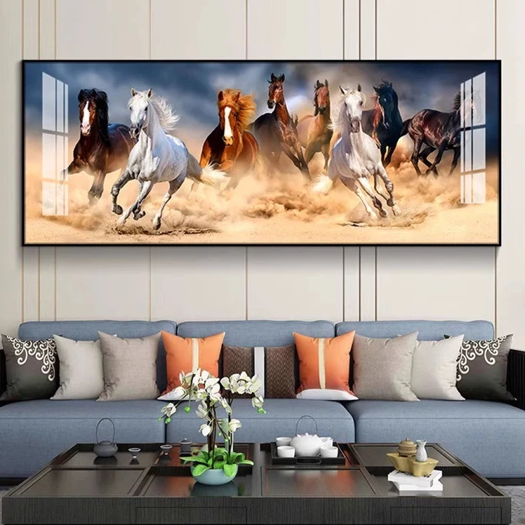 八骏图客厅挂画马的装饰画办公室马到成功墙画横幅沙发背晶瓷挂画