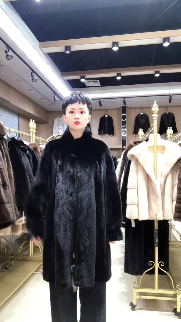 新款进口水貂大衣女中长款黑色立领