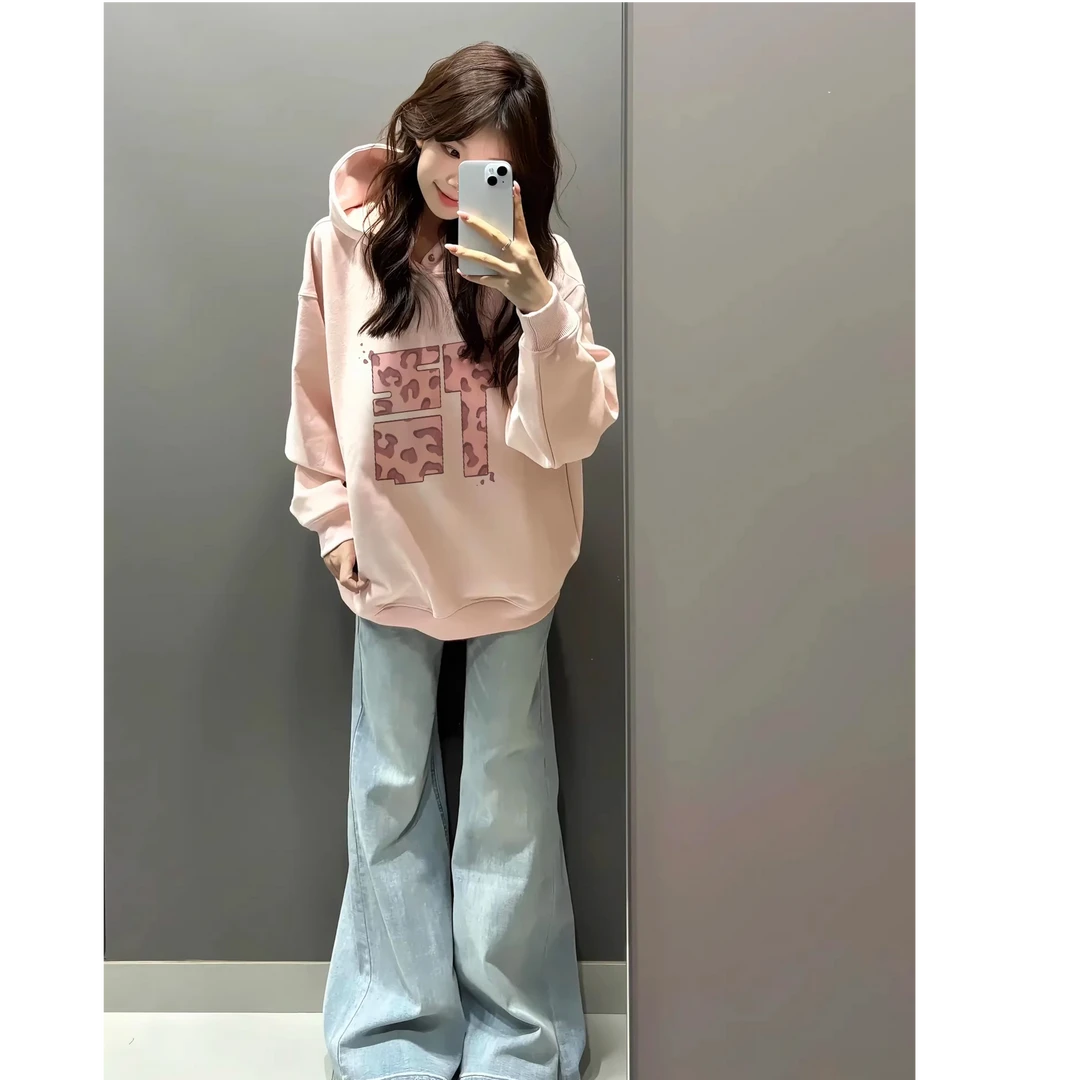 美式粉色连帽卫衣女早秋2025新款小个子宽松洋气正肩印花长袖上衣