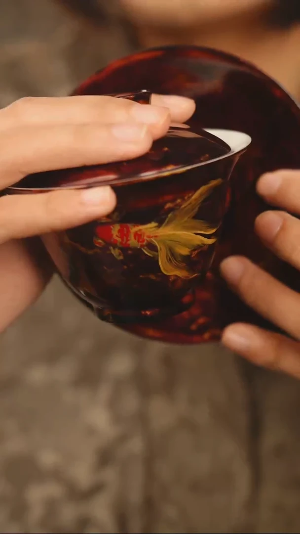 @紫金手绘金鱼三才盖碗@非遗大漆