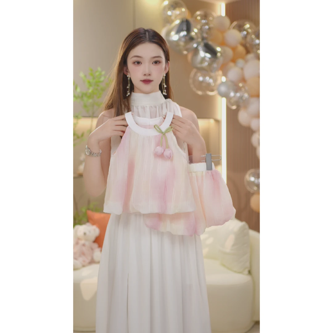 【断码清版】夏季韩版女宝小清新公主郁金香吊带花苞裤两件套6536